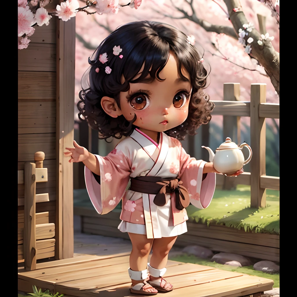 Cute brown skinned baby chibi anime, with freckles,white and pink kimono, in a teapot, drink tea, curly black hair, in a frame, full body, wear sandals, swim in a teapot, cherry blossom