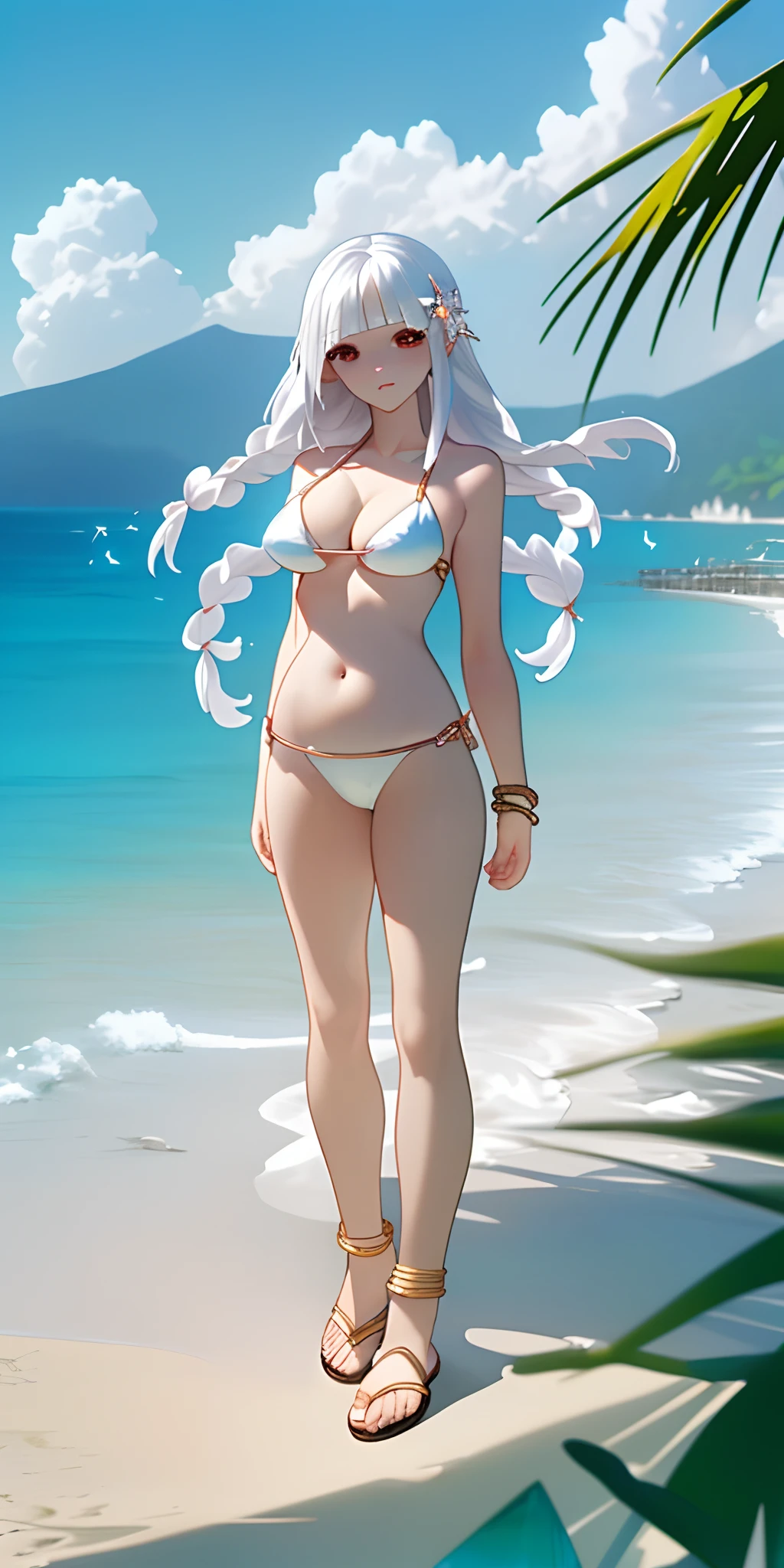 (masterpiece, top quality, best quality), (splash art), european, stunning woman on a beach, naturalistic, pale skin, (long white hair), heavenly, anklets, jewelry, beautiful tropical sea, astonishing clouds, absurd water, palms, insane detail, (wind), revealing, reefs, breathtaking, whole body, sexy pose, summer, (crystal clear water), braided bangs, birds, flowers, cold colors, (sandals), detailed swimsuit, (revealing white plunge swimsuit), belly, summer paradise, coast, mountains, detailed beach, dynamic, strapless, cleavage, standing, skimpy, lush, arms behind back