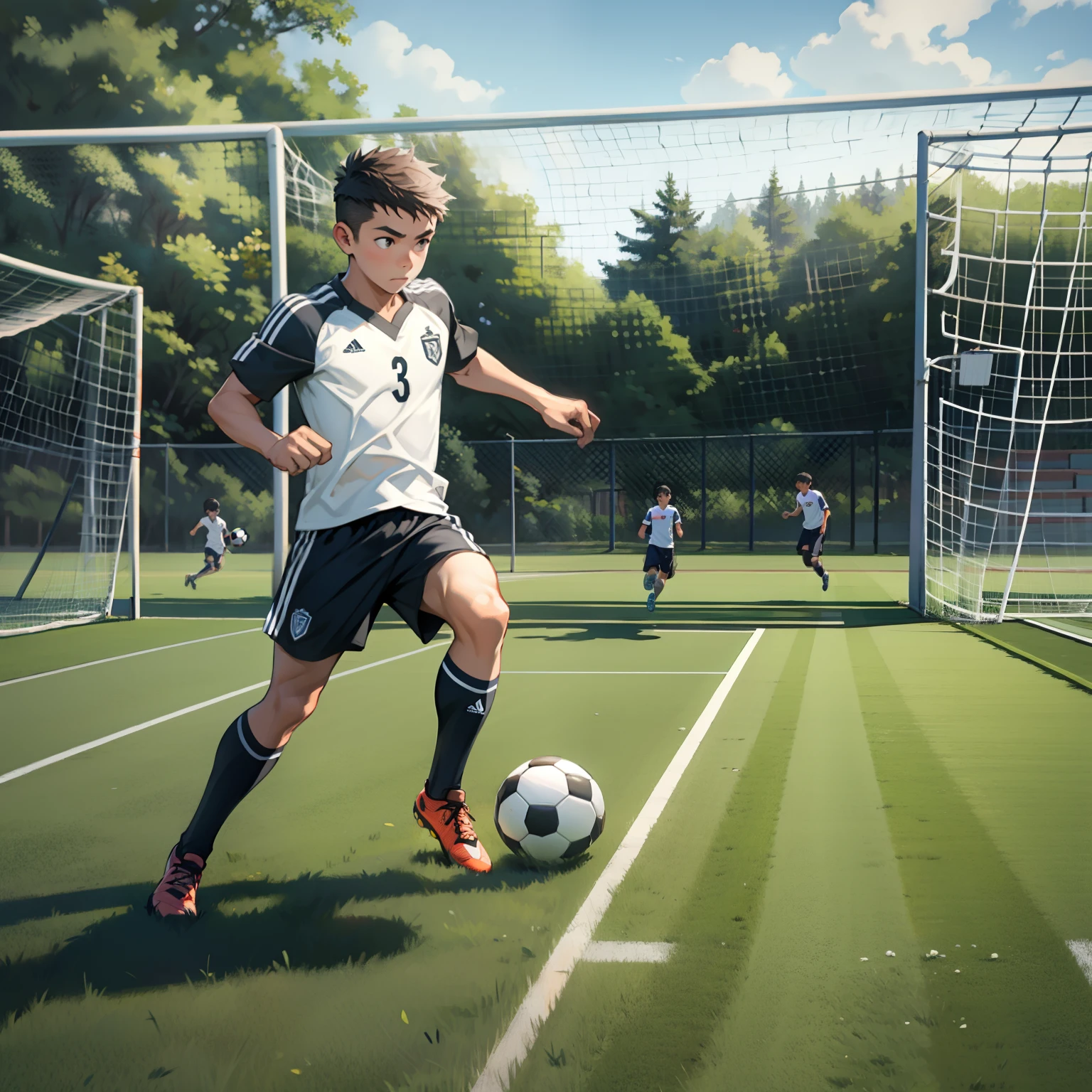 A boy is playing soccer，soccer court