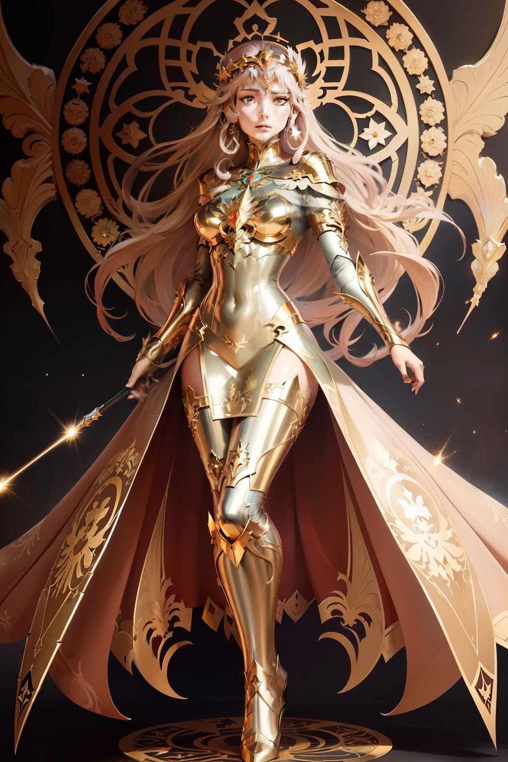 arafed image of a woman with a star in her hands, alphonse mucha and rossdraws, mucha style 4k, artgerm mucha, korean art nouveau anime, portrait knights of zodiac girl, goddess. extremely high detail, anime fantasy illustration, detailed digital anime art, gorgeous goddess of leo, anime art nouveau, talor liner, stick liner, clear line. perfect post leg and shose. backgourd no face. red gold outfit