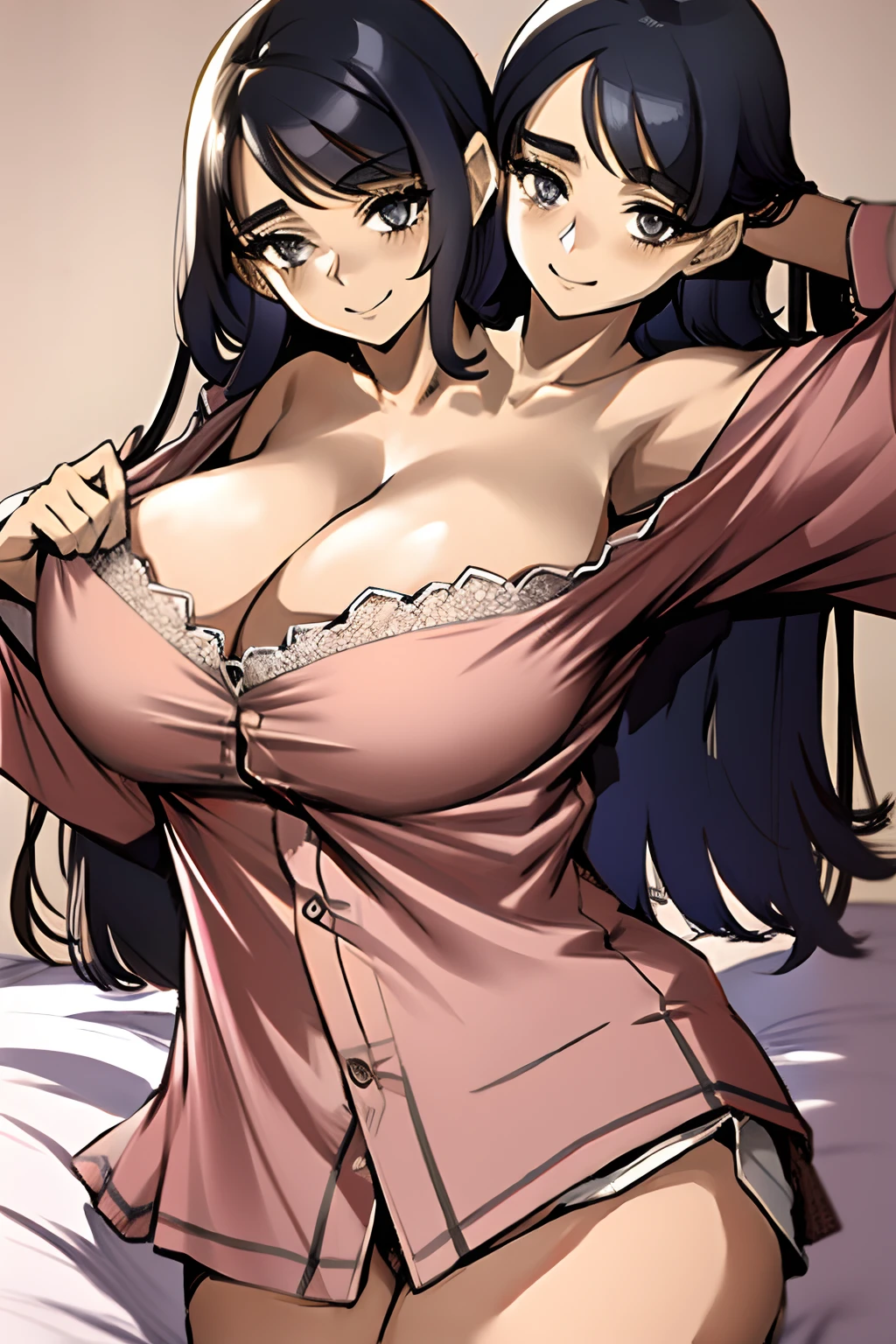 2heads, a very short fat woman with 2 heads. She has enormous breasts. She is laying on a bed in a fancy bedroom. She is wearing pajamas. She has gigantic breasts. She is blushing. She looks aroused. She is short. She is very fat. She is smiling. She looks nervous. She has massive breasts. Her breasts are soft and overflowing from her pajamas.