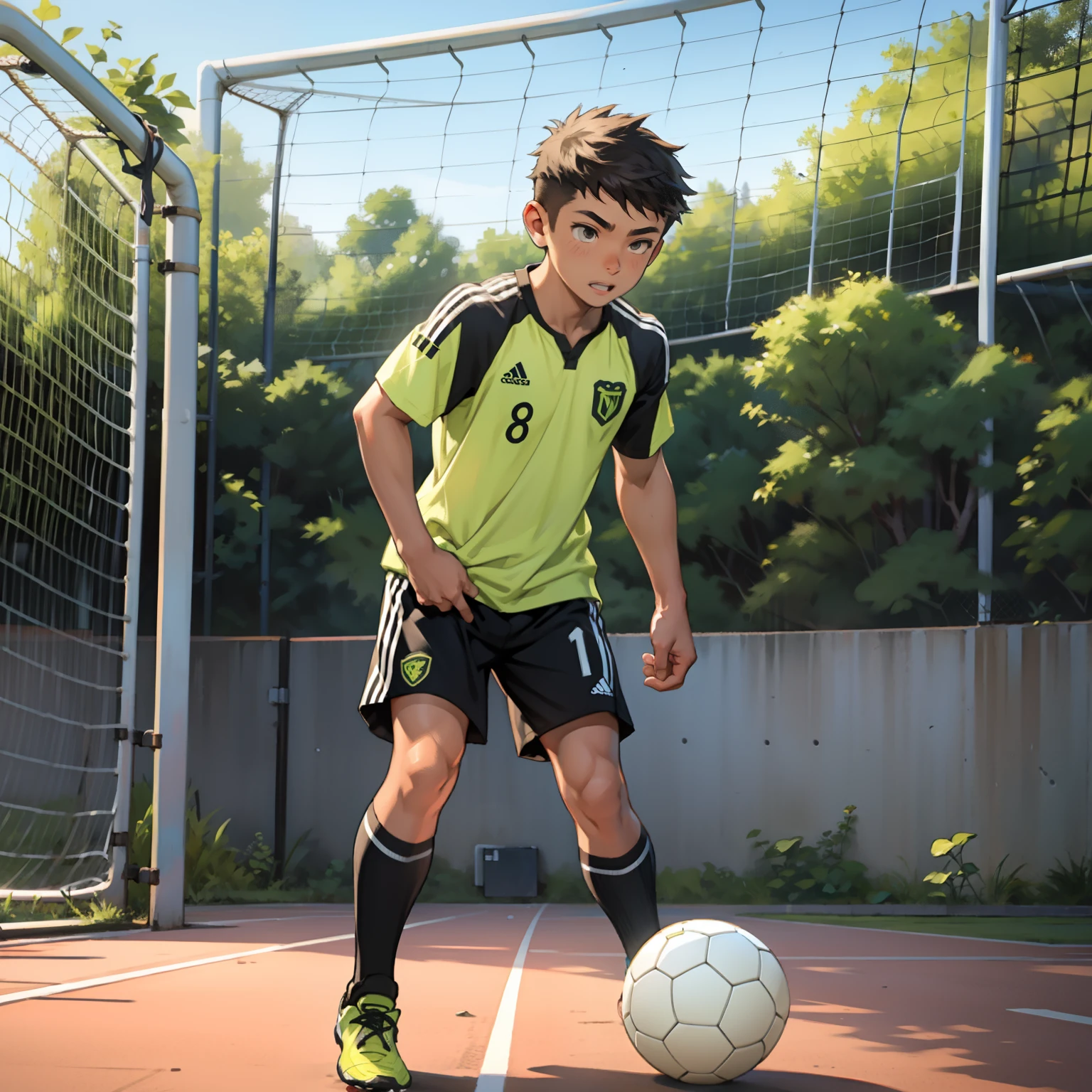 (​master piece, High quality, 8K) ，Japanese manga style，((Cartoony))，(full bodyesbian)，((A young boy with))， old，with short black hair，((play soccer))，((Shooting action))，full body1.2，Sprint actions，Sports short sleeves，sweat shorts，soccer cleats，high detal，Rich in detail，SuperiorQuality, best qualityer