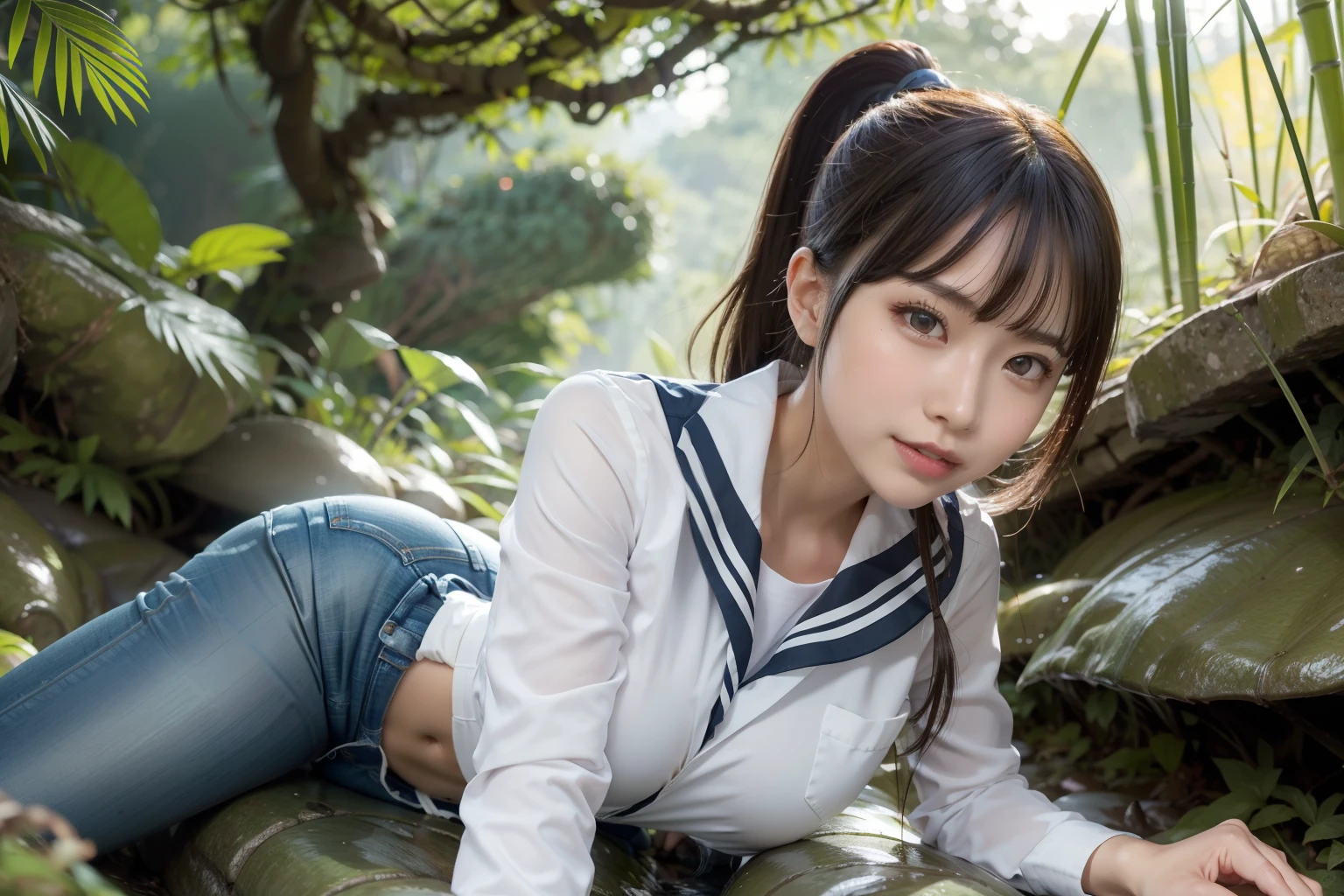 a pregirl，Ponytail argues，mediuml breasts，ssmile, looking at viewert, sailor uniformm,skintight jeans，photore, realisticlying, Best quality at best, employee, 详细的脸, Lying on mossy rocks in a bamboo forest, diffuselighting, depth of fields