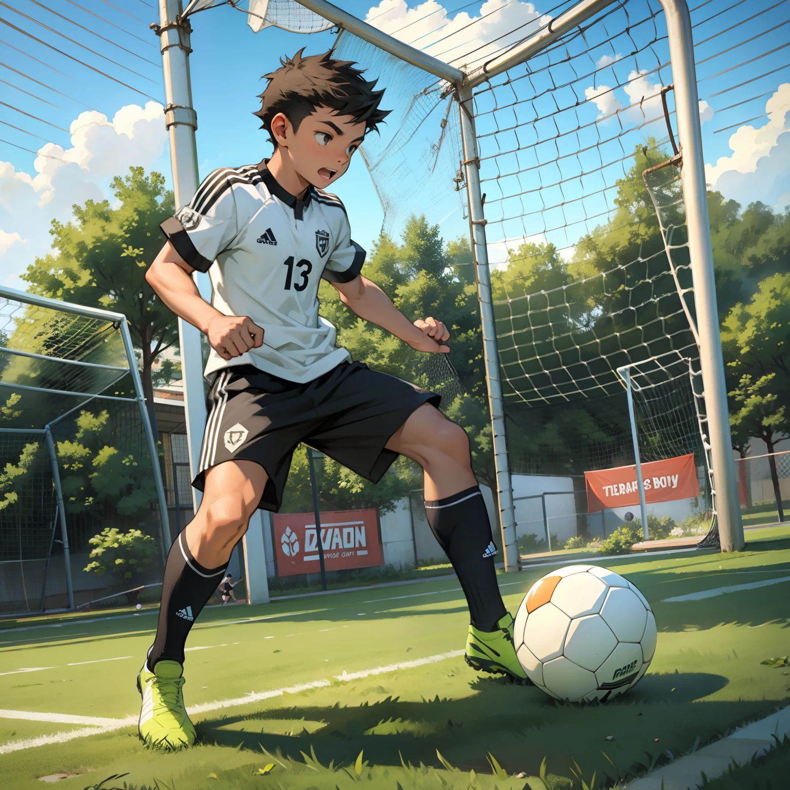 A boy is playing soccer,soccer court