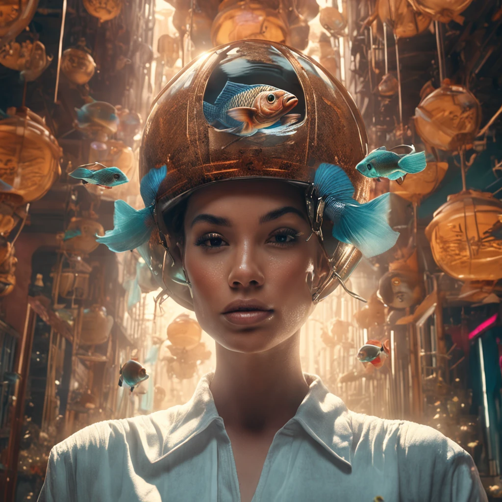 painting of a woman with a fish bowl on her head, best quality, sunlight, detailed face, gorgeous eyes, realistic skin details, high quality, seen from below, romantic, high quality, film grain, Cinematic Light, sidelighting, sharp focus