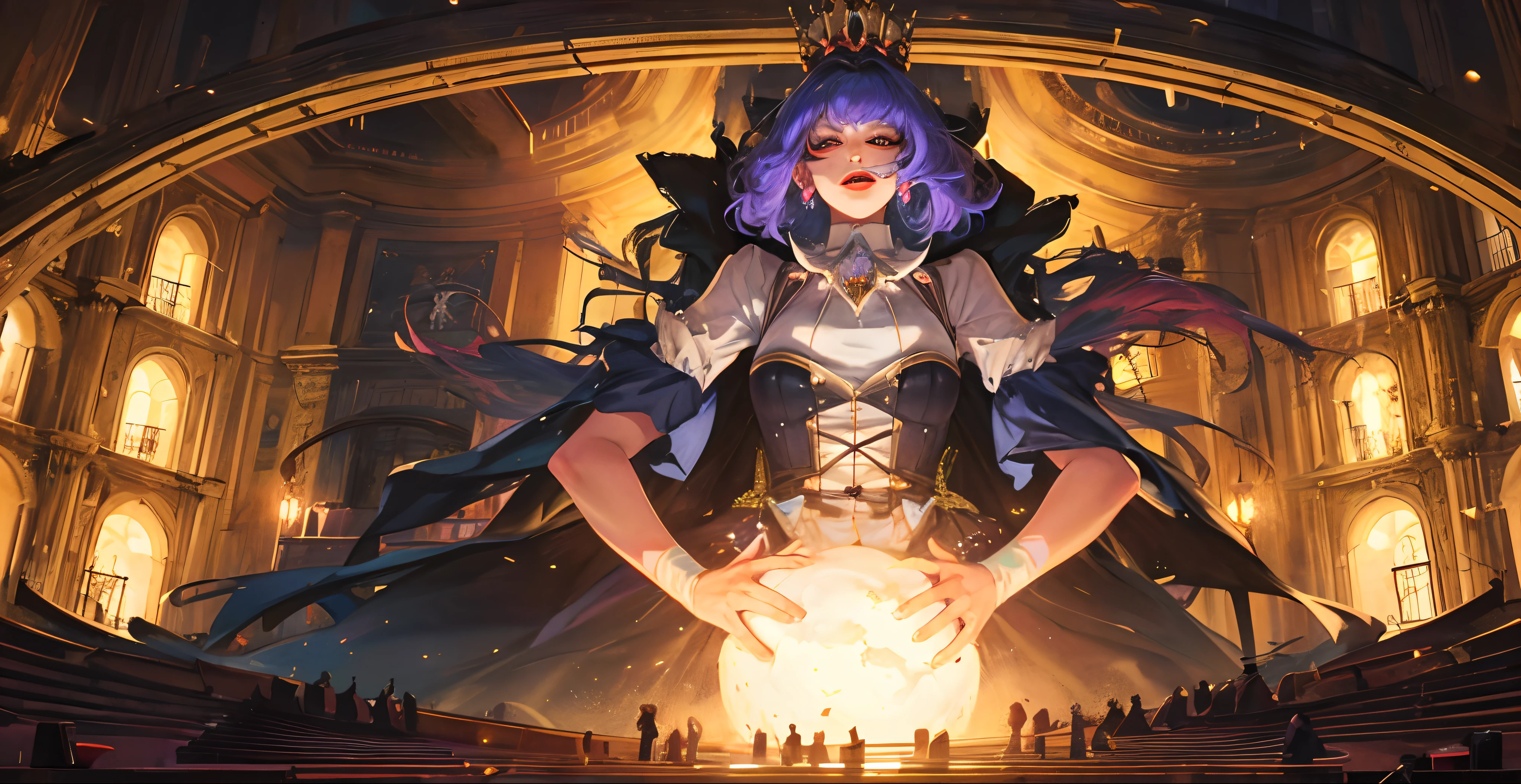 (tmasterpiece, hiquality, Ultra-detailed), Mysterious and immersive atmosphere, Magical opera stage, Magical and frightening clown, Chaos, Inverted worlds