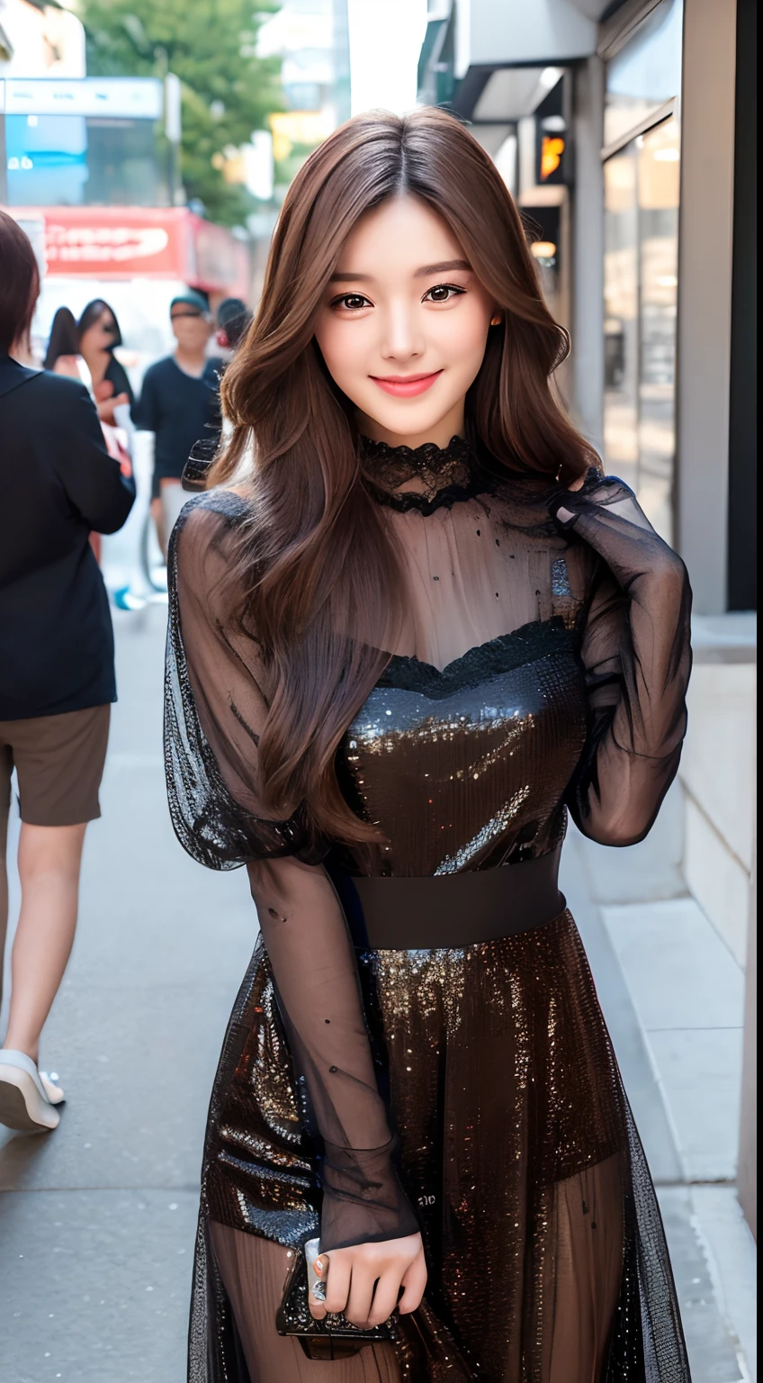 ((Best quality, 8k, Masterpiece :1.3)), 1girl, smiling, full body, slim face, Pretty woman, (Dark brown hair), full length dress :1.1, Ultra-detailed face, Detailed eyes, Double eyelid, blur background, slim face, city, outside, street,