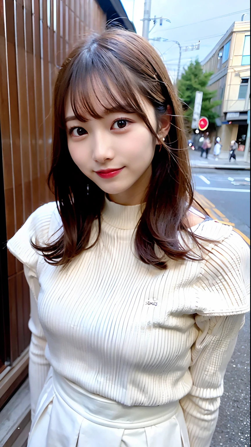 (Top Quality, 8k, 32k, Masterpiece, UHD: 1.2), 1 Girl, Beautiful Japan Woman, Thin Waist, (Beloved Face), (Female Ana Style Outfit), ((Neat and Clean Clothes), Natural Clothes, Pale Colored Blouses, (Mimore Length Skirt), Elegance Casual), 25 years old, Cinematic Light, (Bite Pose: 1.2), (Smile at the person you like),