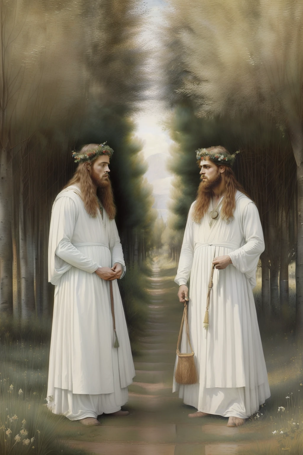 (((Pre-Raphaelite painting of two men in white, Druids in the Alameda de Álamo-Tremedor, birch, Cogumelos, Poplar-tremedor, twin brothers, paisagem celta, outono, folhas amarelas)))
