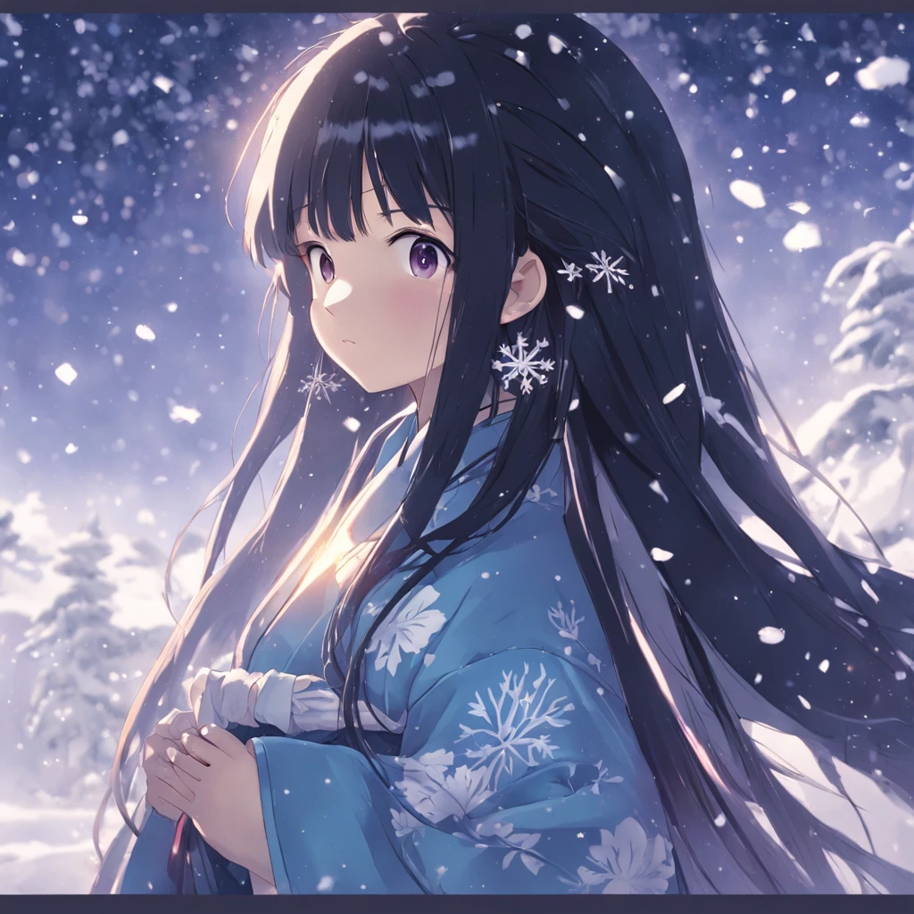 A beautiful woman with long black hair and a snow hair ornament and a yukata stands in the snow、Highly detailed background,Realistic,ultra-detailliert,super detailed skin,light glow,Film grain,Expro II,Lens Flare,Sharpen,cinematic shadow