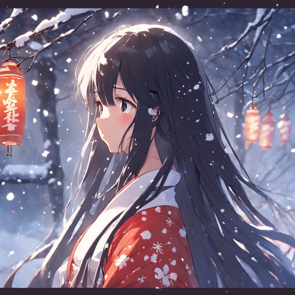 A beautiful woman with long black hair and a snow hair ornament and a yukata stands in the snow、Highly detailed background，Realistic，ultra-detailliert，super detailed skin，light glow，Film grain，Expro II，Lens Flare，Sharpen，cinematic shadow