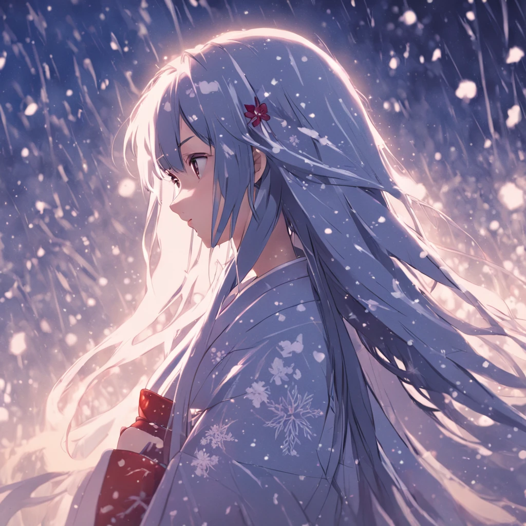 A beautiful woman with long black hair and a snow hair ornament and a yukata stands in the snow、Highly detailed background,Realistic,ultra-detailliert,super detailed skin,light glow,Film grain,Expro II,Lens Flare,Sharpen,cinematic shadow