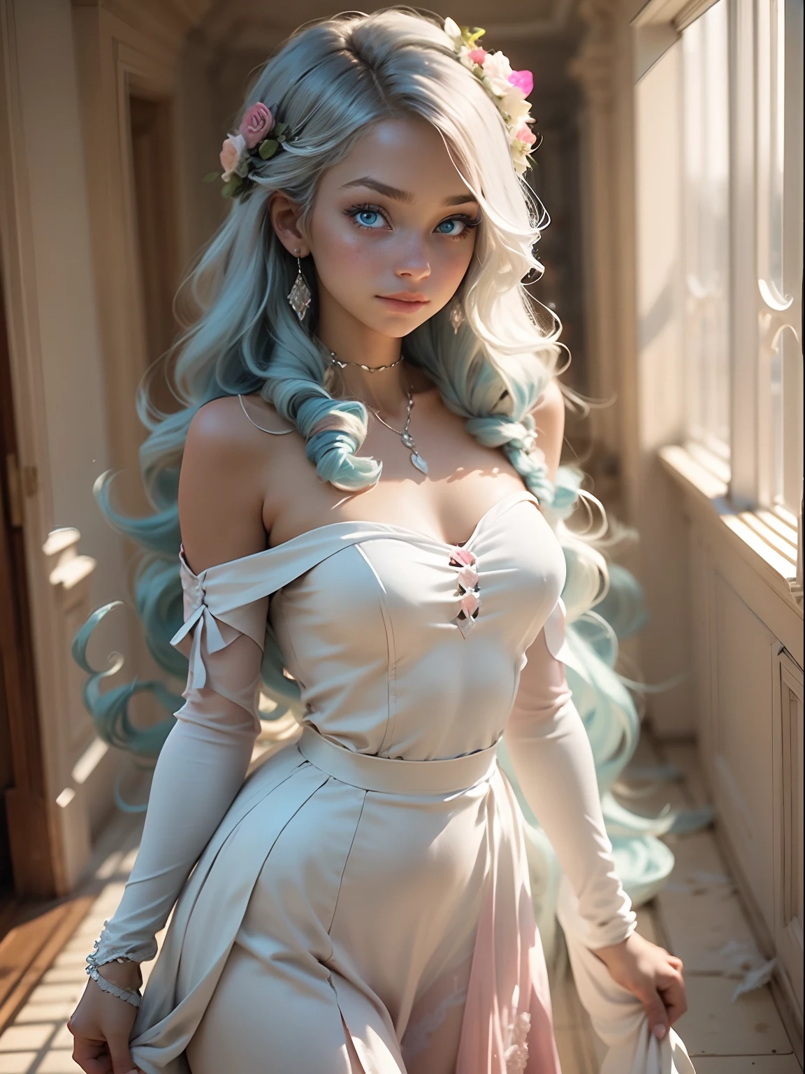 A long light blue hair,Sky blue eyes,Girl in pink and white dress,With a faint smile on his face,Place your hands elegantly in front of you,Elegant look,In the hallways of the school