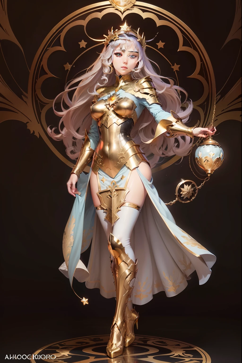 arafed image of a woman with a star in her hands, alphonse mucha and rossdraws, mucha style 4k, artgerm mucha, korean art nouveau anime, portrait knights of zodiac girl, goddess. extremely high detail, anime fantasy illustration, detailed digital anime art, gorgeous goddess of leo, anime art nouveau, talor liner, stick liner, clear line. perfect post leg and shose. backgourd no face. red gold outfit