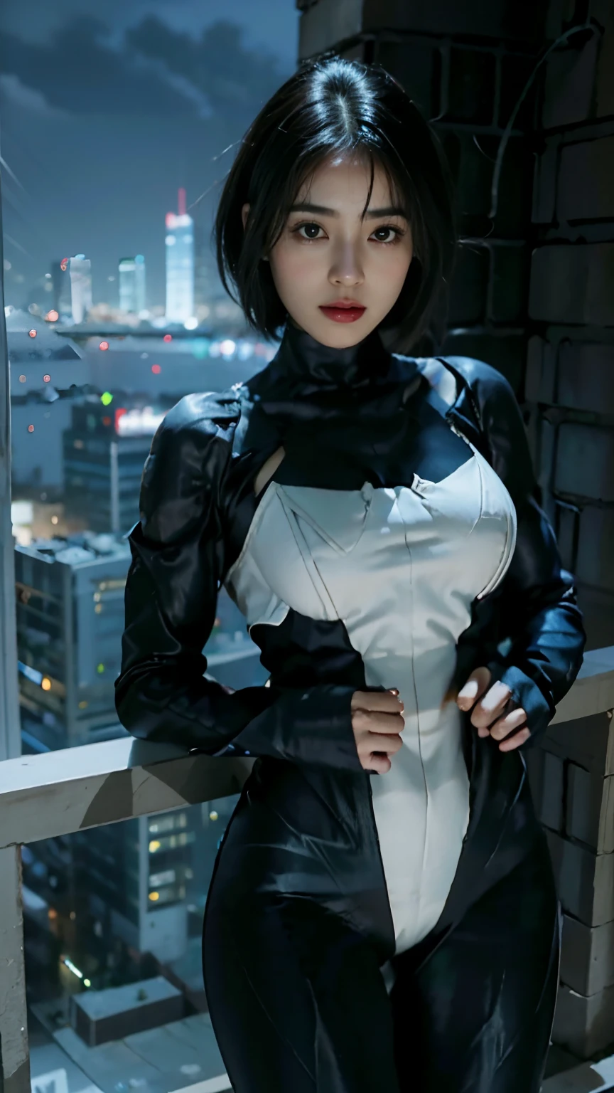 1girl, Noite, Cityscape, Luzes da cidade, parte superior do corpo, fechar para cima, 8k, Fotos RAW, best quality, master part, Realistic, foto realista, Traje do Homem-Aranha, peitos falsos enormes, coxas grossas, Asian face, short hair, Cabelo Moreno