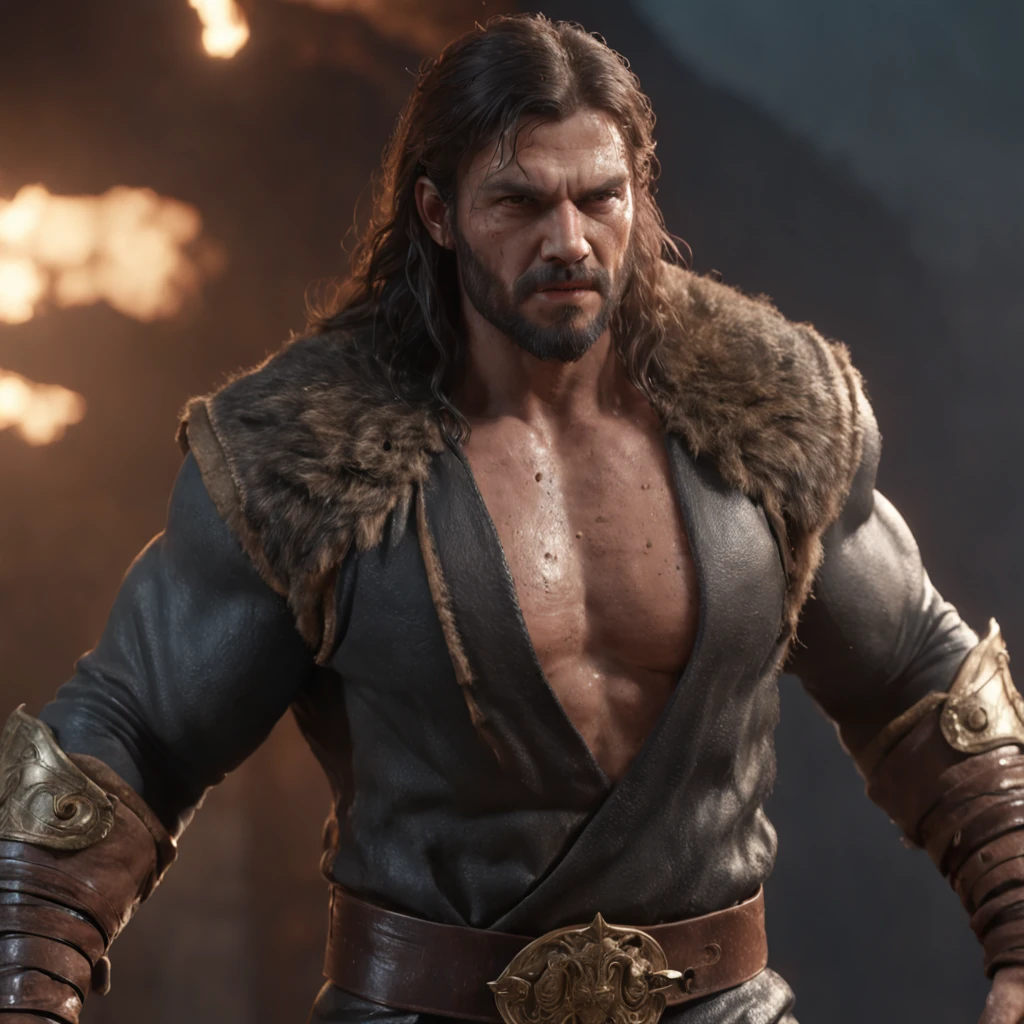 (professional 3d render:1.3) af (Realistic:1.3) most beautiful artwork photo in the world，Features soft and shiny male heroes, ((Epic hero fantasy muscle man rough wet hero angry looking long hair short beard and ferocious expression in dynamic pose, Fantastic location, Majestic cluttered environment)), Full body 8K unified rendering, action  shot, skin pore, very dark lighting, heavyshading, Detailed, Detailed face, (vibrant, photograph realistic, Realistic, Dramatic, Dark, Sharp focus, 8K), (Old leather garments damaged by weathering:1.4), ((((Wear fur)))), (Intricate:1.4), decadent, (Highly detailed:1.4), Digital painting, rendering by octane, art  stations, concept-art, smooth, Sharp focus, illustration, Art germ, (loish:0.23), wlop ilya kuvshinov, and greg rutkowski and alphonse mucha gracias, (Global illumination, Studio light, volumettic light), heavy rain, particles floating, lotr, fantasy, elf, full bodyesbian, ((Dark and ancient city background:1.3)),CGSesociety,art  stations