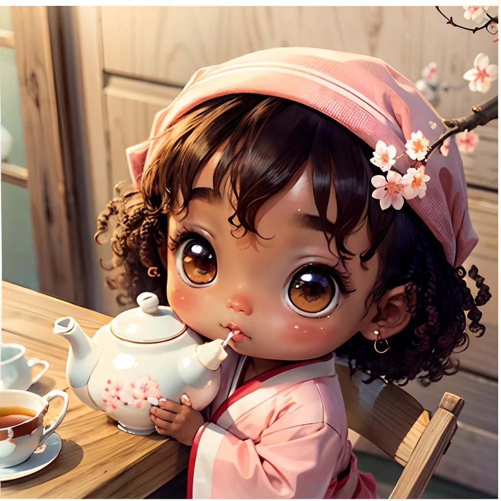 Cute brown skinned baby chibi anime, with freckles,white and pink kimono, drink tea, curly black hair, in a frame, in a teapot, cherry blossom