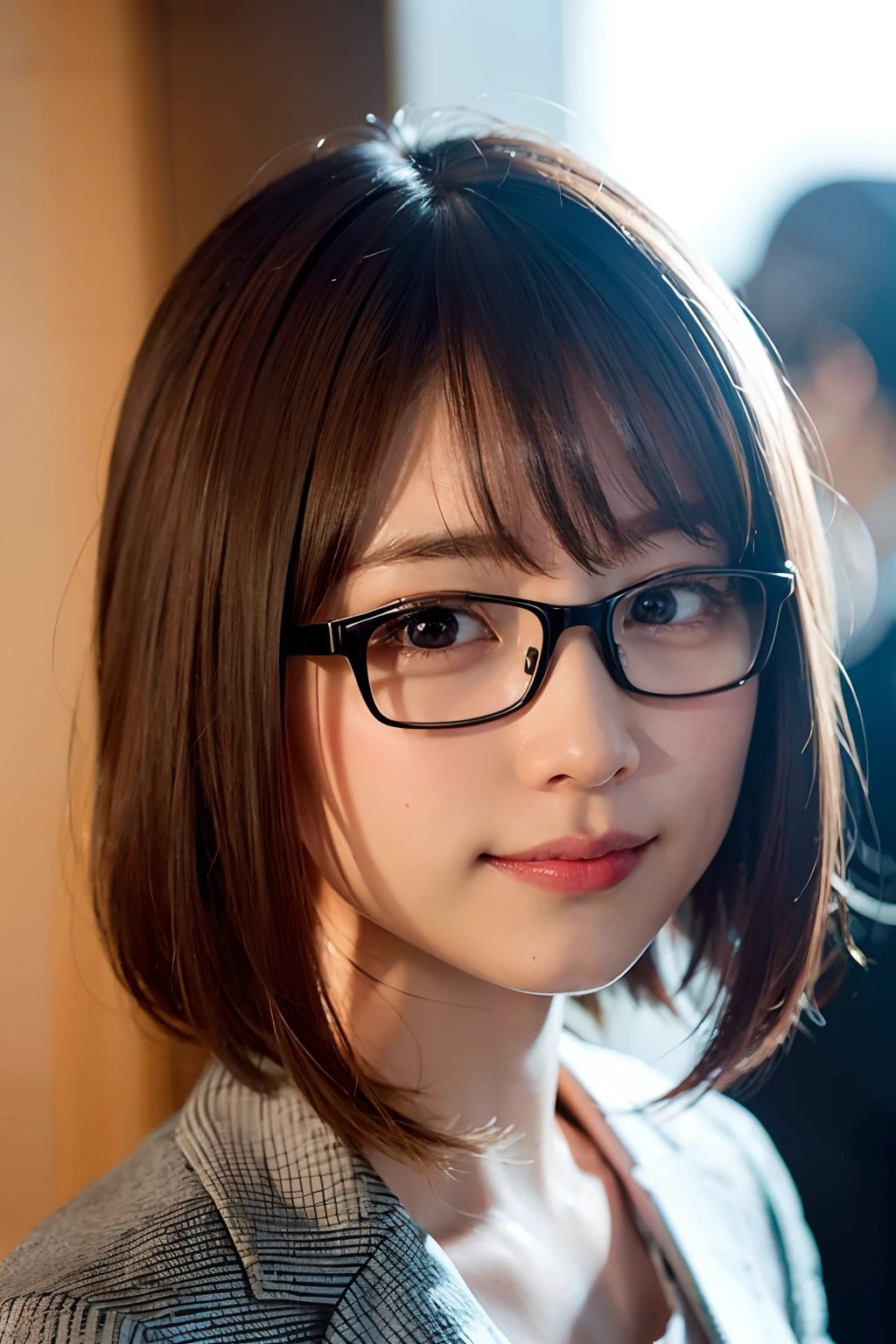 (8K、Raw photography、top-quality、masterpiece:1.2)、(realisitic、Photorealsitic:1.37)、ultra-detailliert、超A high resolution、女の子1人、see the beholder、beautifull detailed face、drooing eyes、A smile、Constriction、(Slim waist) :1.3)、Recruit Suit、Beautiful detailed skin、Skin Texture、Floating hair、Professional Lighting、Company meeting room、Rimmed glasses、Whole human body、Brown hair