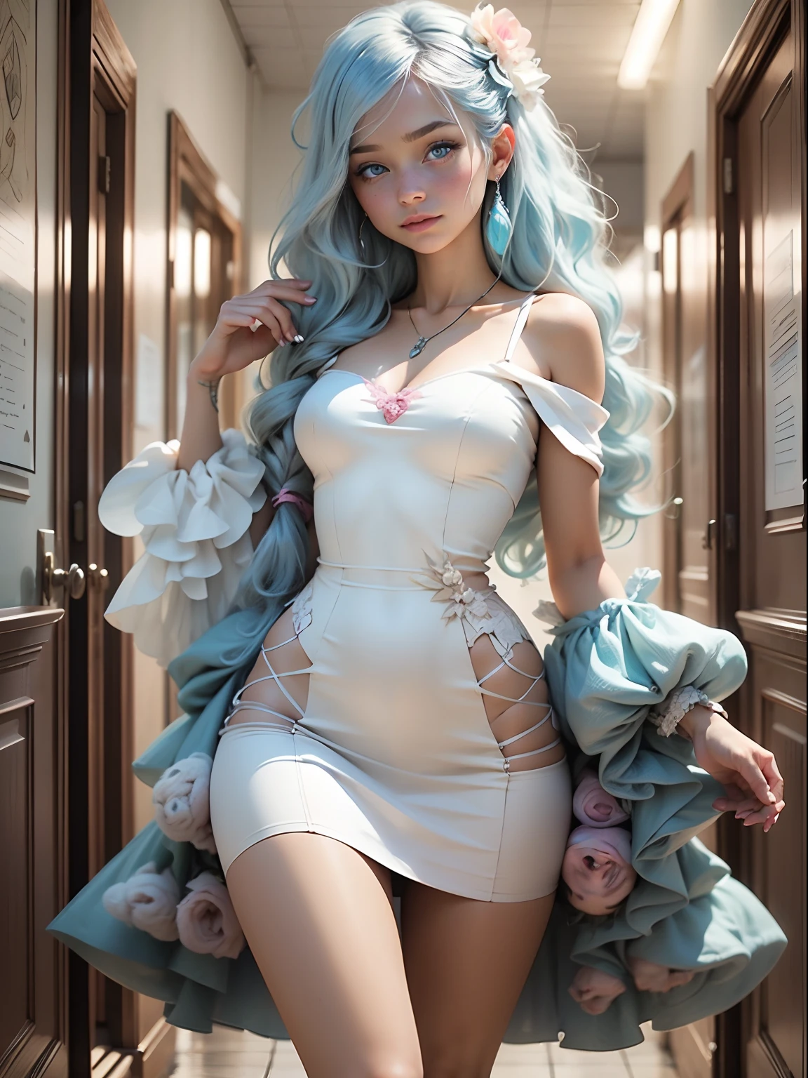 A long light blue hair,Sky blue eyes,Girl in pink and white dress,With a faint smile on his face,Place your hands elegantly in front of you,Elegant look,In the hallways of the school