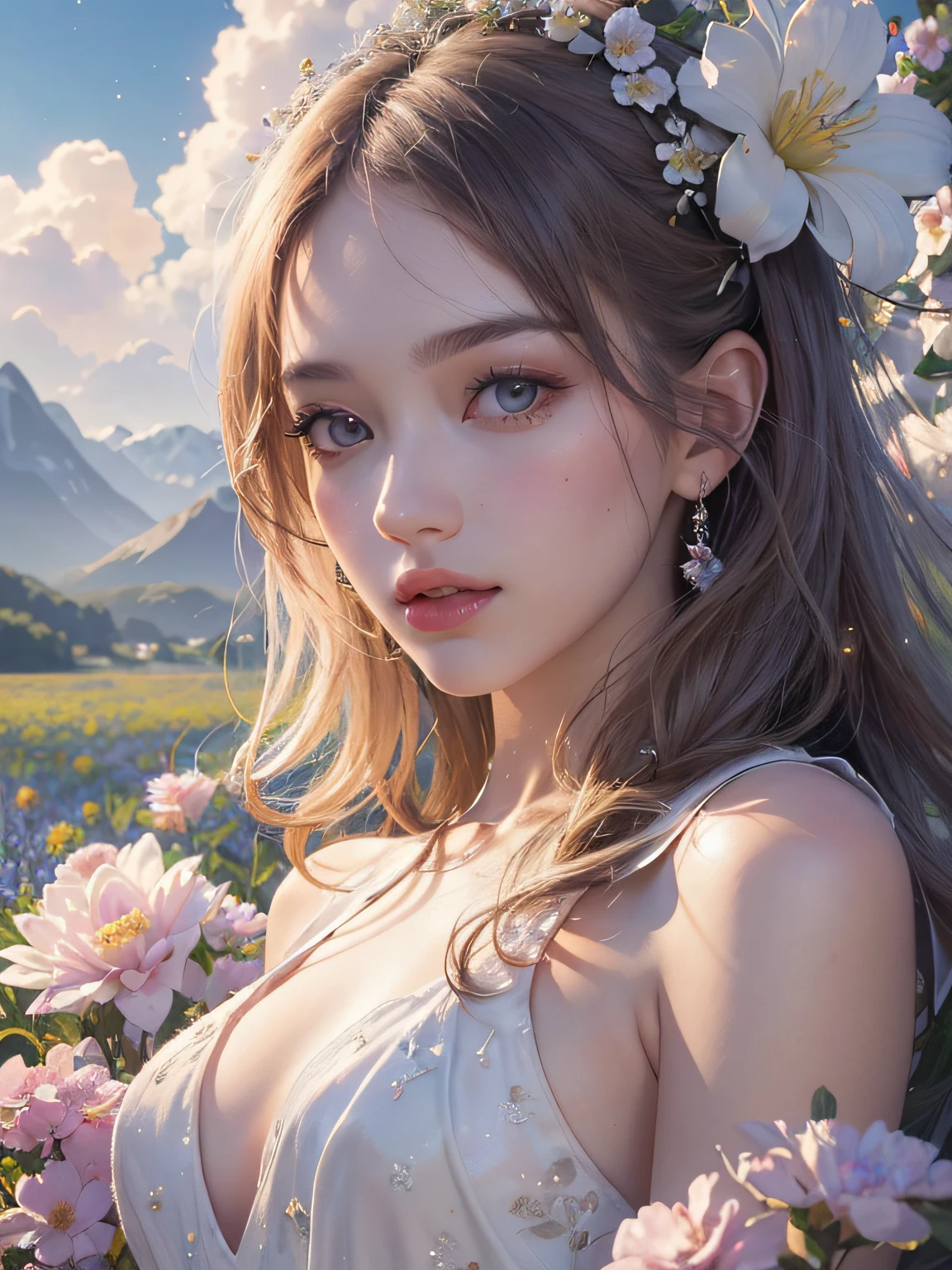 1girl, solo, (flower field:1.2), blossom, clouds and mountains ,(official art, unity 8k wallpaper, ultra detailed, beautiful and aesthetic, masterpiece ,best quality:1.3), ( dynamic angle, pastel tones:1.2), (floating colorful sparkles:1.1) , white dress, elegant, vivid colours, ultra-detailed face, detailed eyes, shiny skin, lustrous lips ,