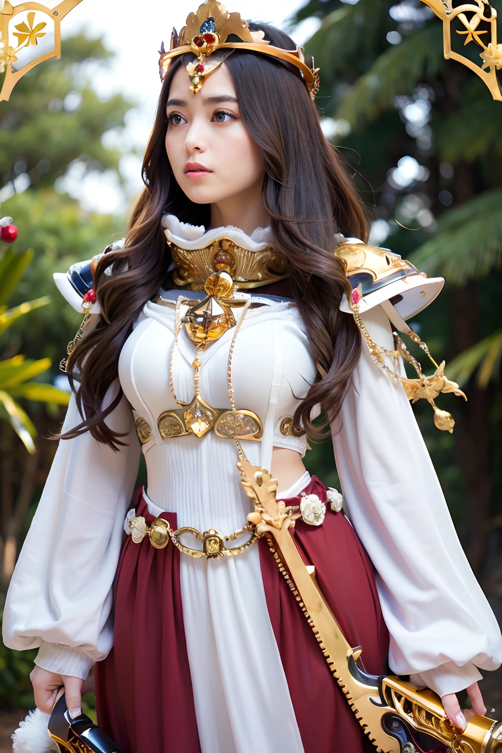 (masutepiece), Professional , masterpiece、top-quality、photos realistic , depth of fields ,(Wind element),tornado,Lightning,(Gemstone Silver Jewel Body:1.9),(Matte White、Jewel Gold Weapon_(Metal:1.4),Gorgeous Jewel Metal Weapons , Detailed Sword of the Brave , Beautiful knife ,warhammer 40k , adepta sororitas,Detail and ornate jewel crown、Brown hair、Gangle's forest background、Beautiful Caucasian beauty、1a person、dynamic ungle,(((Detailed and ornate diamond crown)))、Particles of light、