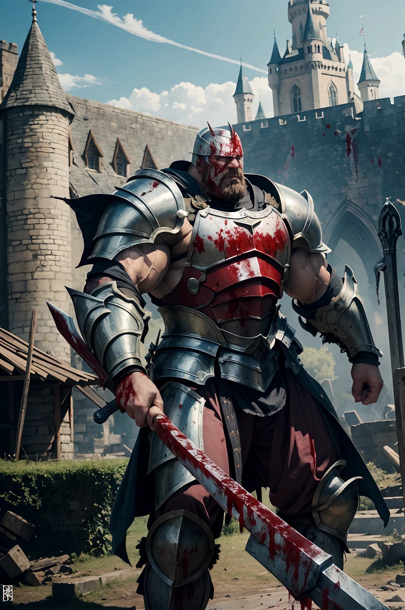 old man knight, armored, castle background, muscular, wearing armor, blood in armor, blood on face, broken armor, great hammer