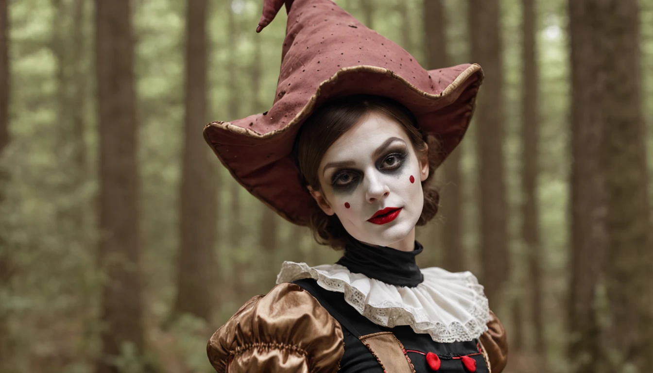one retro fool girl on the mooshrooms forest, mooshroom, 1girl, ((vintage tight suit jester)), ((dirty)), fool clothes, fool cap, jester, buffoon, clown, fool, mountebank, harlequin ((best quality)), ((masterpiece)), ((realistic)), realistic photo, artistic anatomical hands, trending on artstation, sharp focus, intricate details, very detailed, detailed eyes, very detailed, sharp focus, digital render, professional photography, 4k, masterpiece in the style of (Rembrandt:1.1), (Caravaggio:1.1), shows his butt standing with his back