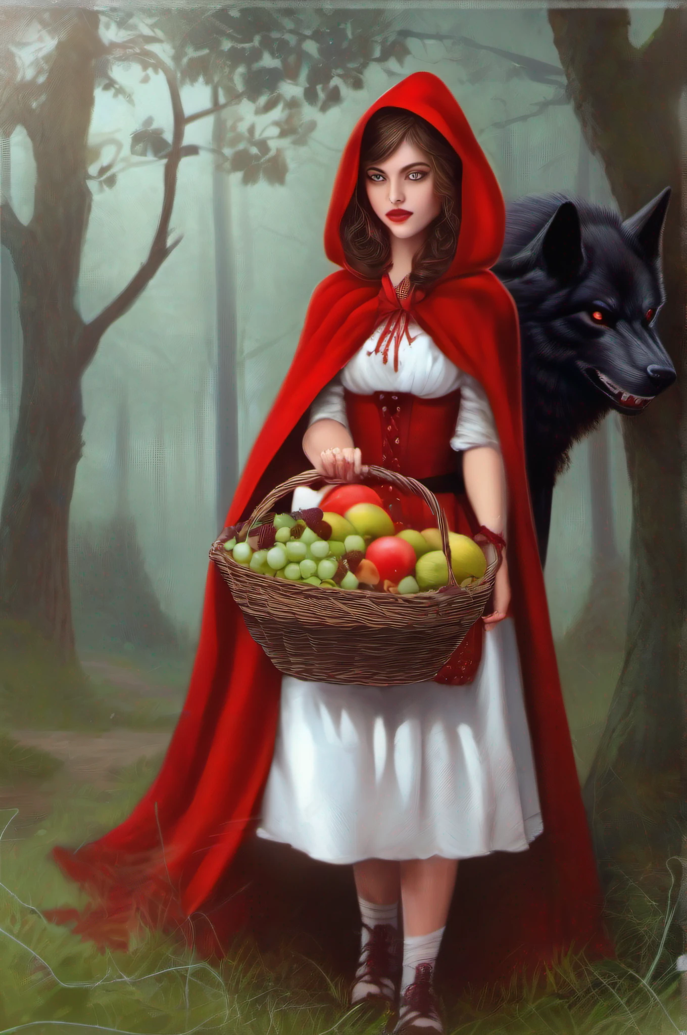Beautiful girl, litt riding hood, red hood, cape, corset, dress, red skirt, carrying fruit basket,
with wily wolf shadow in background