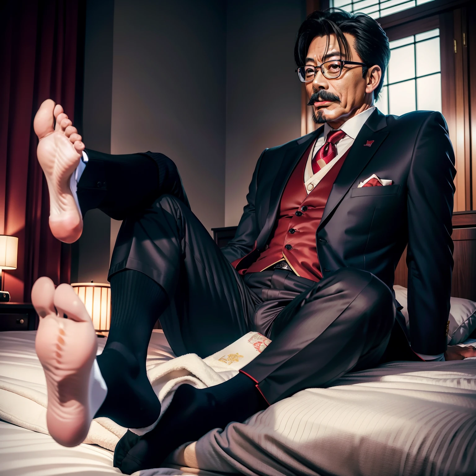 45 yers old，Kogoro Mouri，uncle，Tong，Bulge，On the seatbed，Black short stockings，big feet，lbeard，fortitude，k hd，artwork of a，an look of enjoyment，Be red in the face，There is a white liquid on the legs，opening legs，wear suit，The crotch is raised