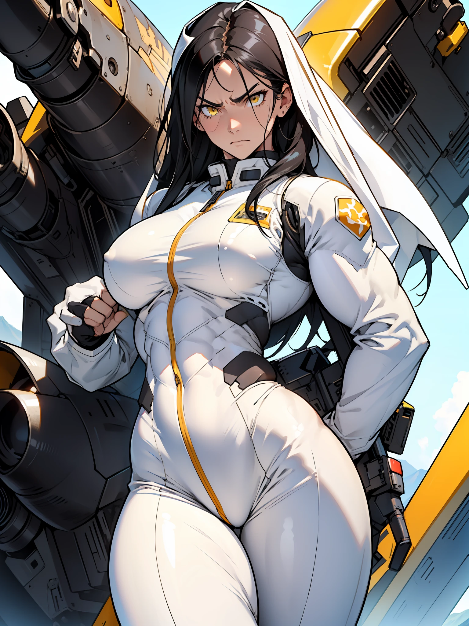 ((1 girl)), solo, black hair, extremely long hair, yellow eyes, (angry), pale skin, (((((((muscular))))))), ((thick thighs)), ((large breasts)), (((white pilot suit))), (((wide hips))), mountain range background, (shiny skin), close up