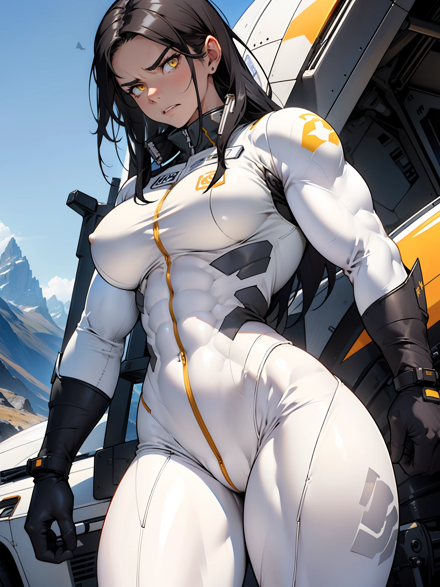 ((1 girl)), solo, black hair, extremely long hair, yellow eyes, (angry), pale skin, (((((((muscular))))))), ((thick thighs)), ((large breasts)), (((white pilot suit))), (((wide hips))), mountain range background, (shiny skin), close up