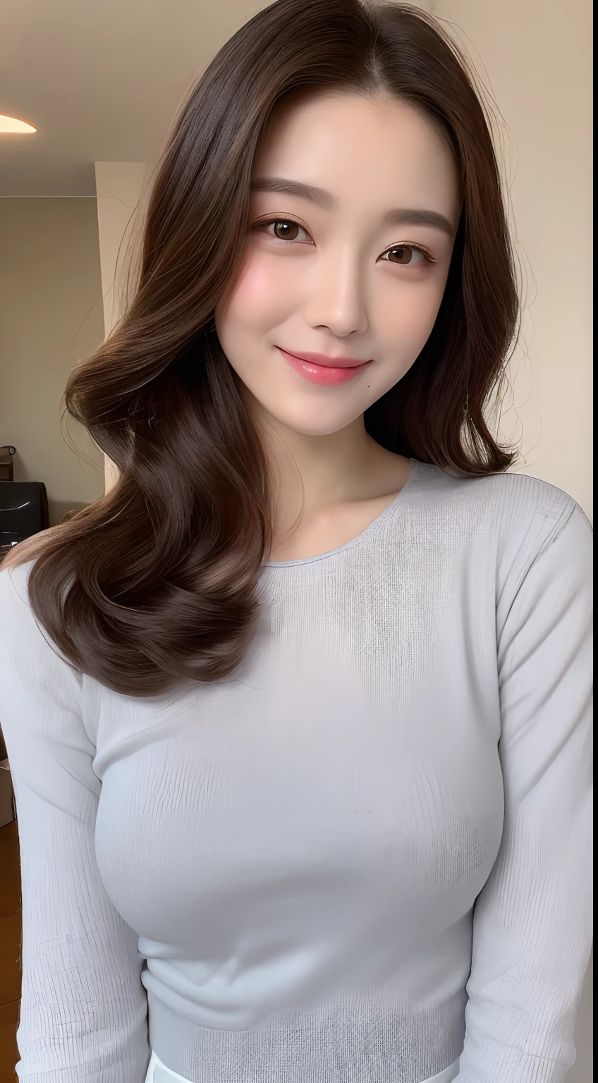 ((Best Quality, 8K, Masterpiece: 1.3)), 1girl, Slim Abs Beauty: 1.3, (Hairstyle Casual, Big Breasts: 1.2), Dress: 1.1, Super Fine Face, Delicate Eyes, Double Eyelids, Smile, Home