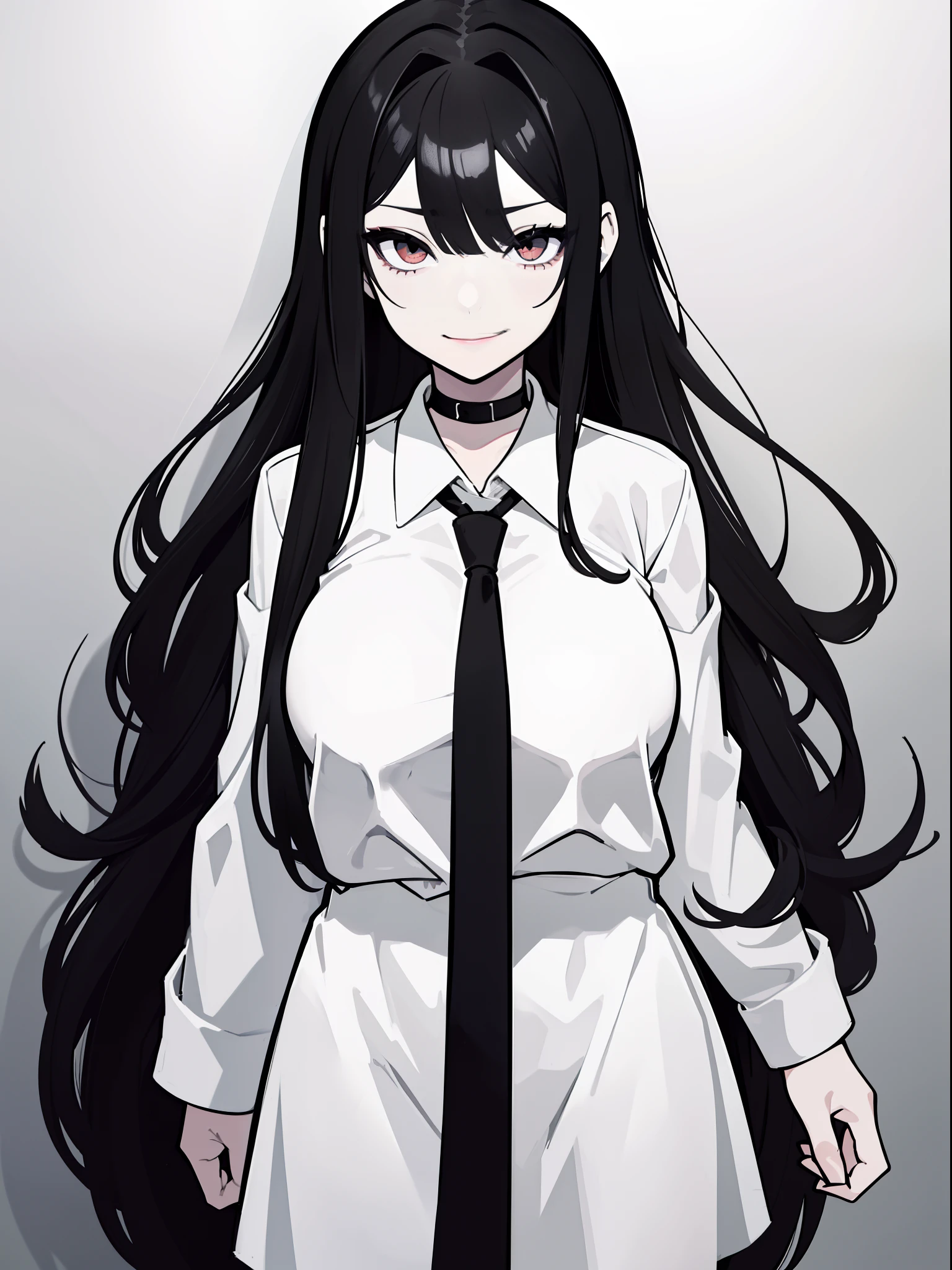 anime girl with long black hair and a white shirt,((black and white portrait)),black and white picture,Smile,minimalist painting,Simple strokes,messy  hair,Messy bangs,Shy,Pure white shirt,Heavy makeup,Headshot,Put lipstick on one's mouth,Side Body