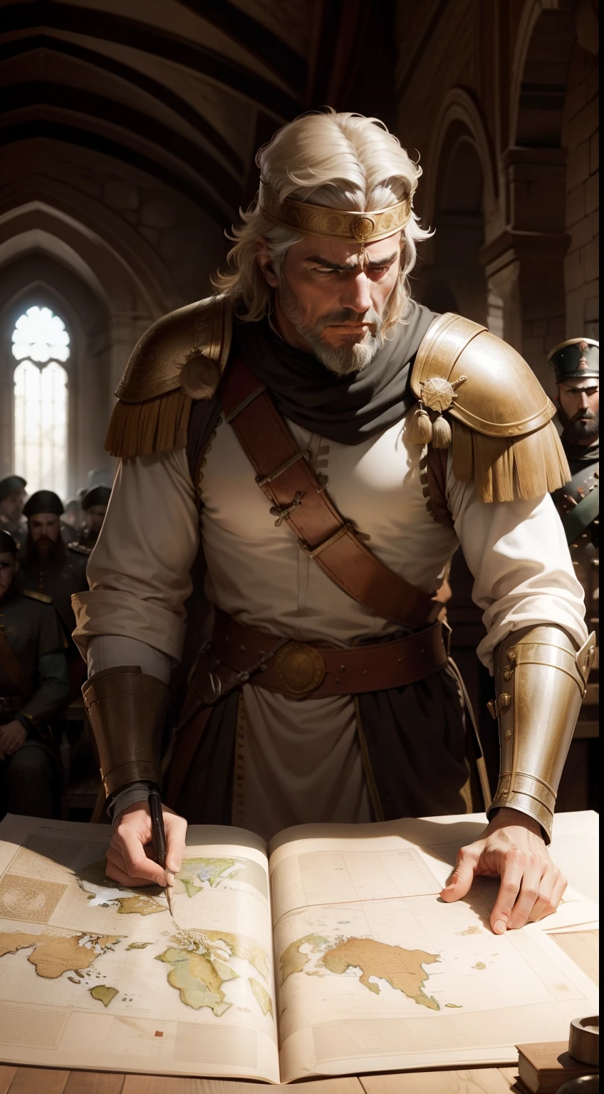 Roman commander studying a map, surrounded by anxious soldiers.
