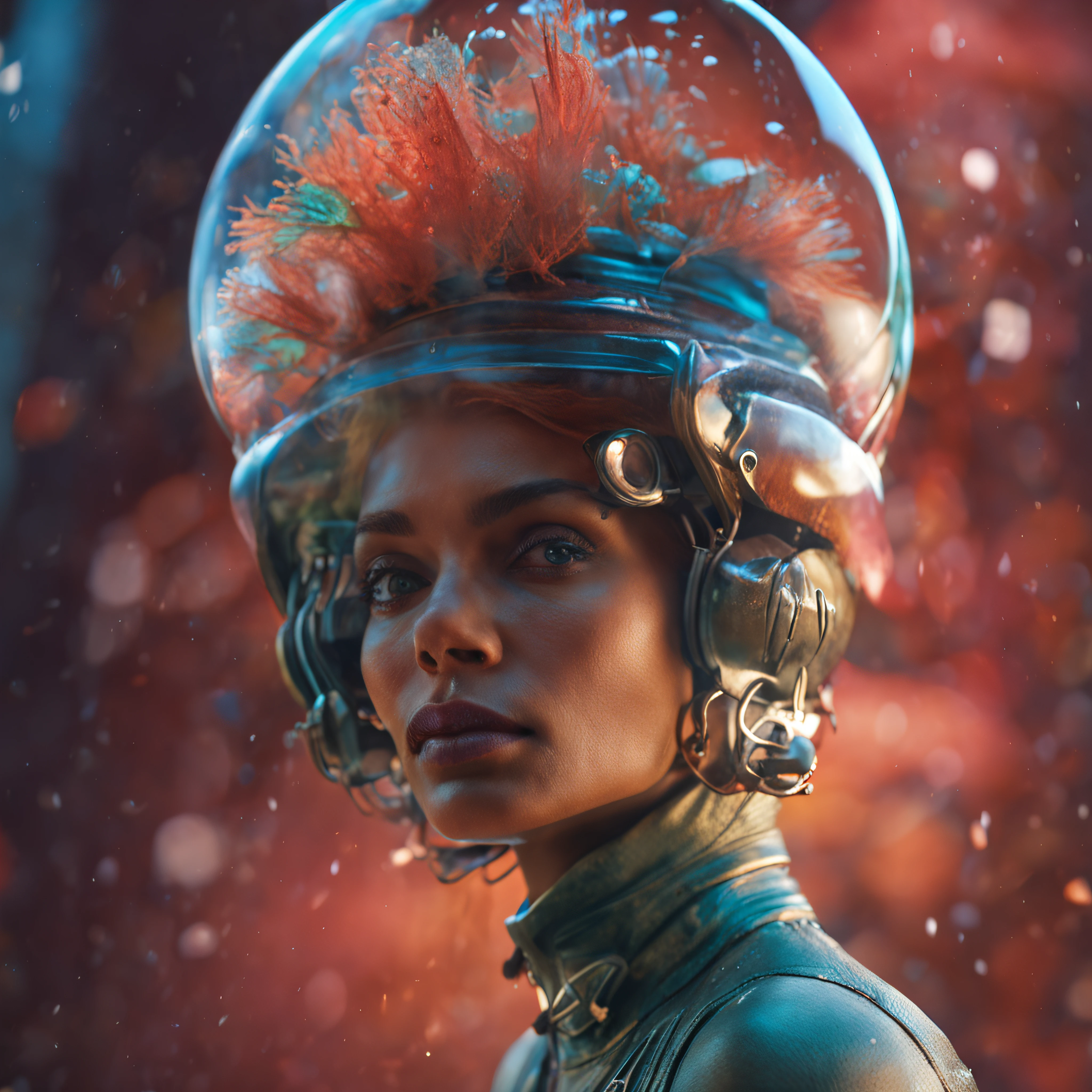 surreal, woman with a fish bowl on her head, best quality, sunlight, detailed face, gorgeous eyes, realistic skin details, high quality, seen from below, romantic, high quality, film grain, Cinematic Light, sidelighting, sharp focus