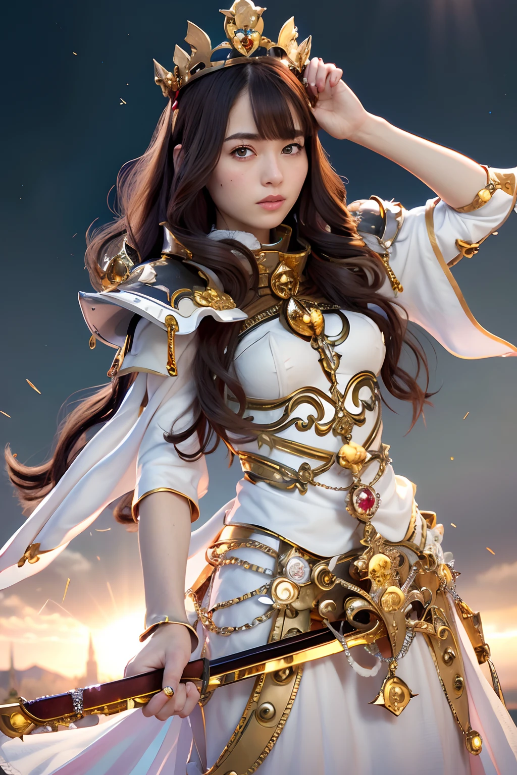 (masutepiece), Professional , masterpiece、top-quality、photos realistic , depth of fields ,(Wind element),tornado,Lightning,(Gemstone Silver Jewel Body:1.9),(Matte White、Jewel Gold Weapon_(Metal:1.4),Gorgeous Jewel Metal Weapons , Detailed Sword of the Brave , Beautiful knife ,warhammer 40k , adepta sororitas,Detail and ornate jewel crown、Brown hair、Gangle's forest background、Beautiful Caucasian beauty、1a person、dynamic ungle,(((Detailed and ornate diamond crown)))、Particles of light、