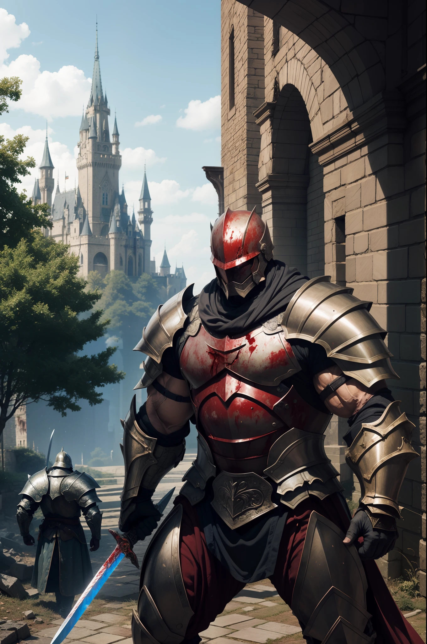 old man knight, armored, castle background, muscular, wearing armor, blood in armor, blood, broken armor, great sword