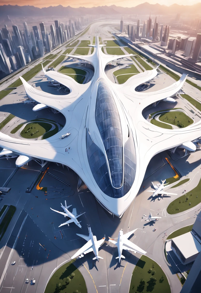 an aerial view of a large airport with a lot of airplanes, no futuro telhado do aeroporto, Directed by: Zha Shibiao, aeroporto, Zaha Hadid Arquitetura, arquitetura de estilo zaha hadid, inspirado em Zha Shibiao, Pequim, Tilt Shift Zaha Hadid Fundo, no estilo de zaha hadid arquiteto, por zaha hadid, spaceport, artistic rendering, inspirado em Zaha Hadid