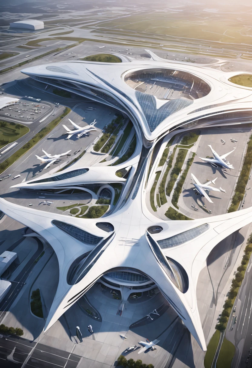 an aerial view of a large airport with a lot of airplanes, no futuro telhado do aeroporto, Directed by: Zha Shibiao, aeroporto, Zaha Hadid Arquitetura, arquitetura de estilo zaha hadid, inspirado em Zha Shibiao, Pequim, Tilt Shift Zaha Hadid Fundo, no estilo de zaha hadid arquiteto, por zaha hadid, spaceport, artistic rendering, inspirado em Zaha Hadid