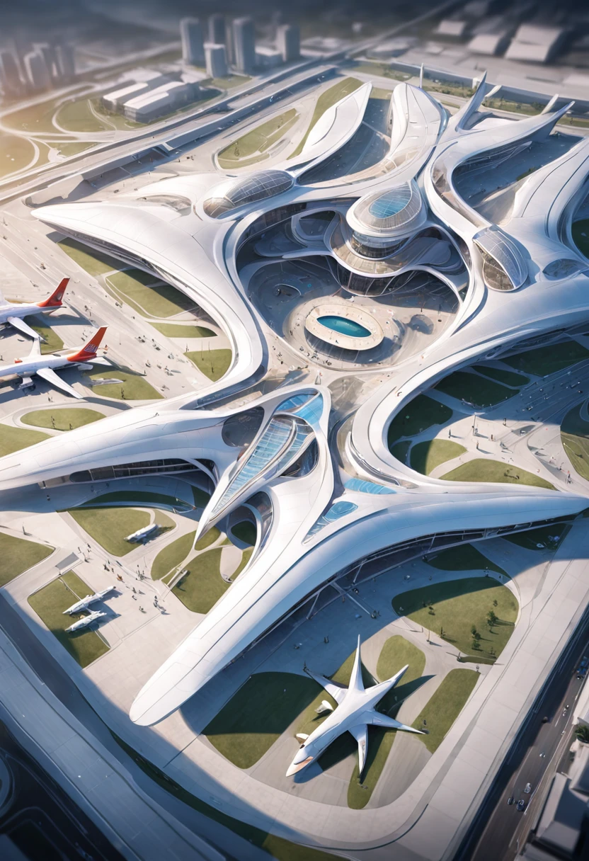 an aerial view of a large airport with a lot of airplanes, no futuro telhado do aeroporto, Directed by: Zha Shibiao, aeroporto, Zaha Hadid Arquitetura, arquitetura de estilo zaha hadid, inspirado em Zha Shibiao, Pequim, Tilt Shift Zaha Hadid Fundo, no estilo de zaha hadid arquiteto, por zaha hadid, spaceport, artistic rendering, inspirado em Zaha Hadid