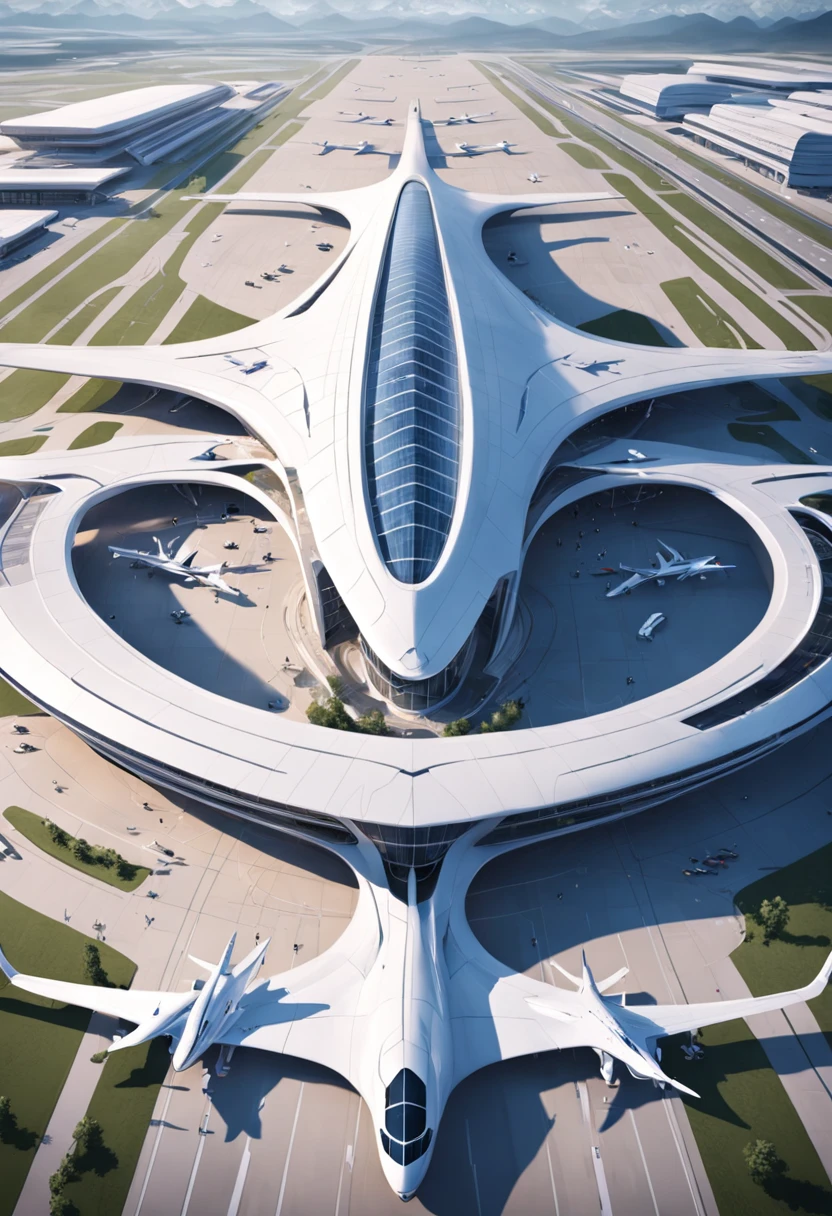 an aerial view of a large airport with a lot of airplanes, no futuro telhado do aeroporto, Directed by: Zha Shibiao, aeroporto, Zaha Hadid Arquitetura, arquitetura de estilo zaha hadid, inspirado em Zha Shibiao, Pequim, Tilt Shift Zaha Hadid Fundo, no estilo de zaha hadid arquiteto, por zaha hadid, spaceport, artistic rendering, inspirado em Zaha Hadid