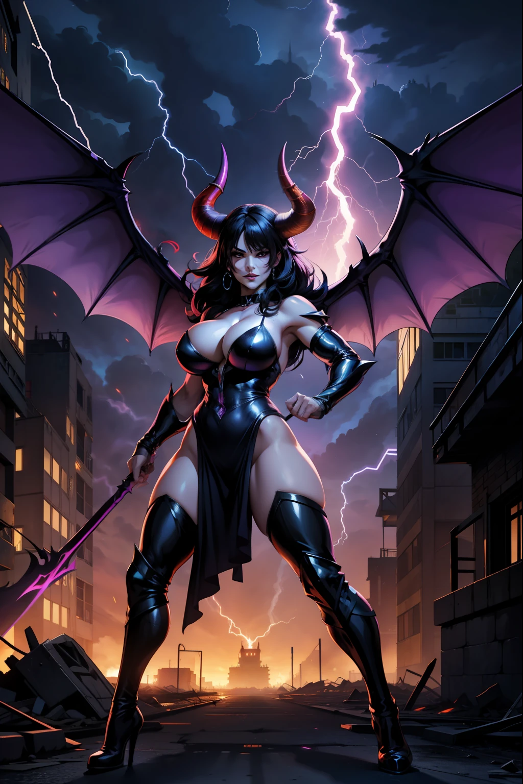 Lisa Ann as a hyper-giant, Hyper-powerful demon with a demon horn on its head and demon wings, and throws purple lightning bolts at a building, ville en ruine post apocalyptique,