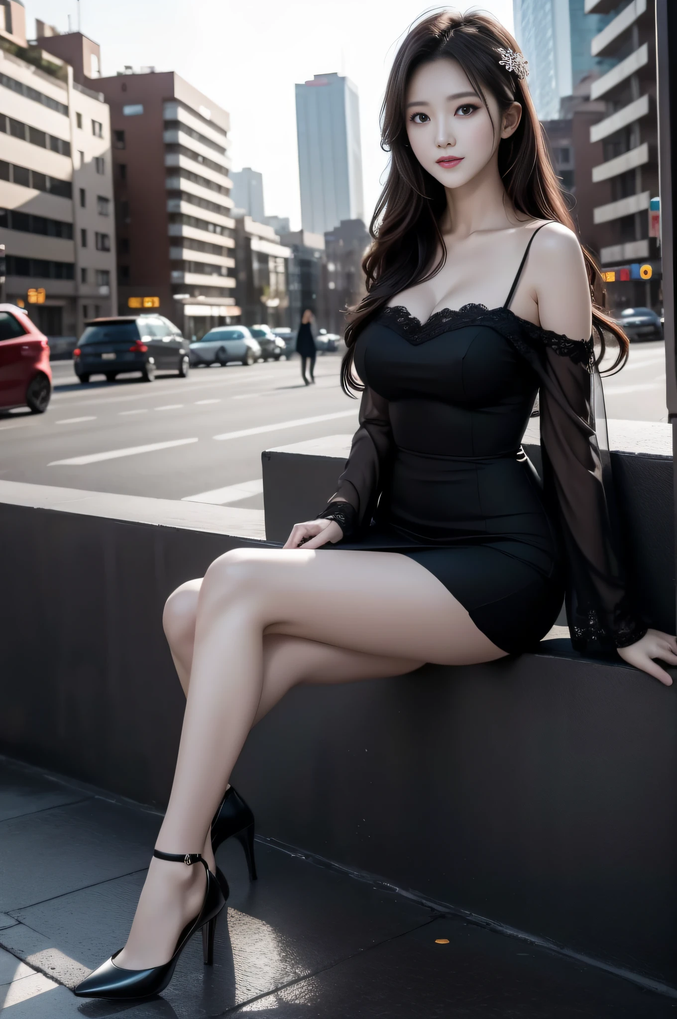 best qualtiy,tmasterpiece,超高分辨率,(真实感:1.4),RAW photogr,1girll,offshoulder,in the darkness nigth,deep shading,low tune,cold light,at park,black lence stockings,high-heels,Professional Dress,girl in real life,Real background,urban backdrop,Sit Pose,1 girl