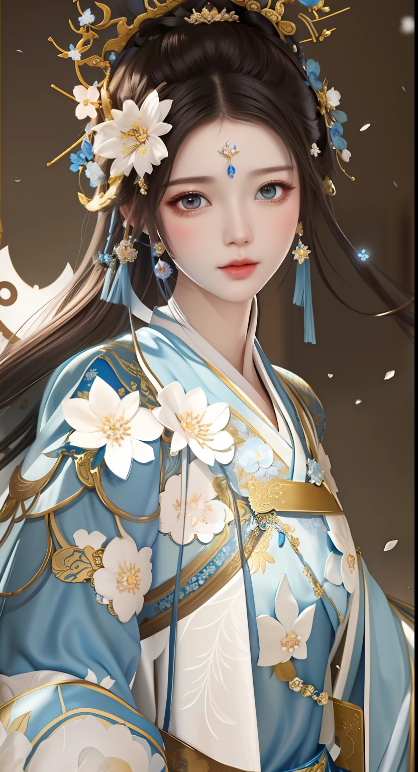 There was a woman in a blue and white dress,Flowers in the hair, Guviz-style artwork, Palace , A girl in Hanfu, Beautiful character painting, a beautiful fantasy empress, Guviz, ((a beautiful fantasy empress)), by Yang J, Guweiz on ArtStation Pixiv, Beautiful digital artwork