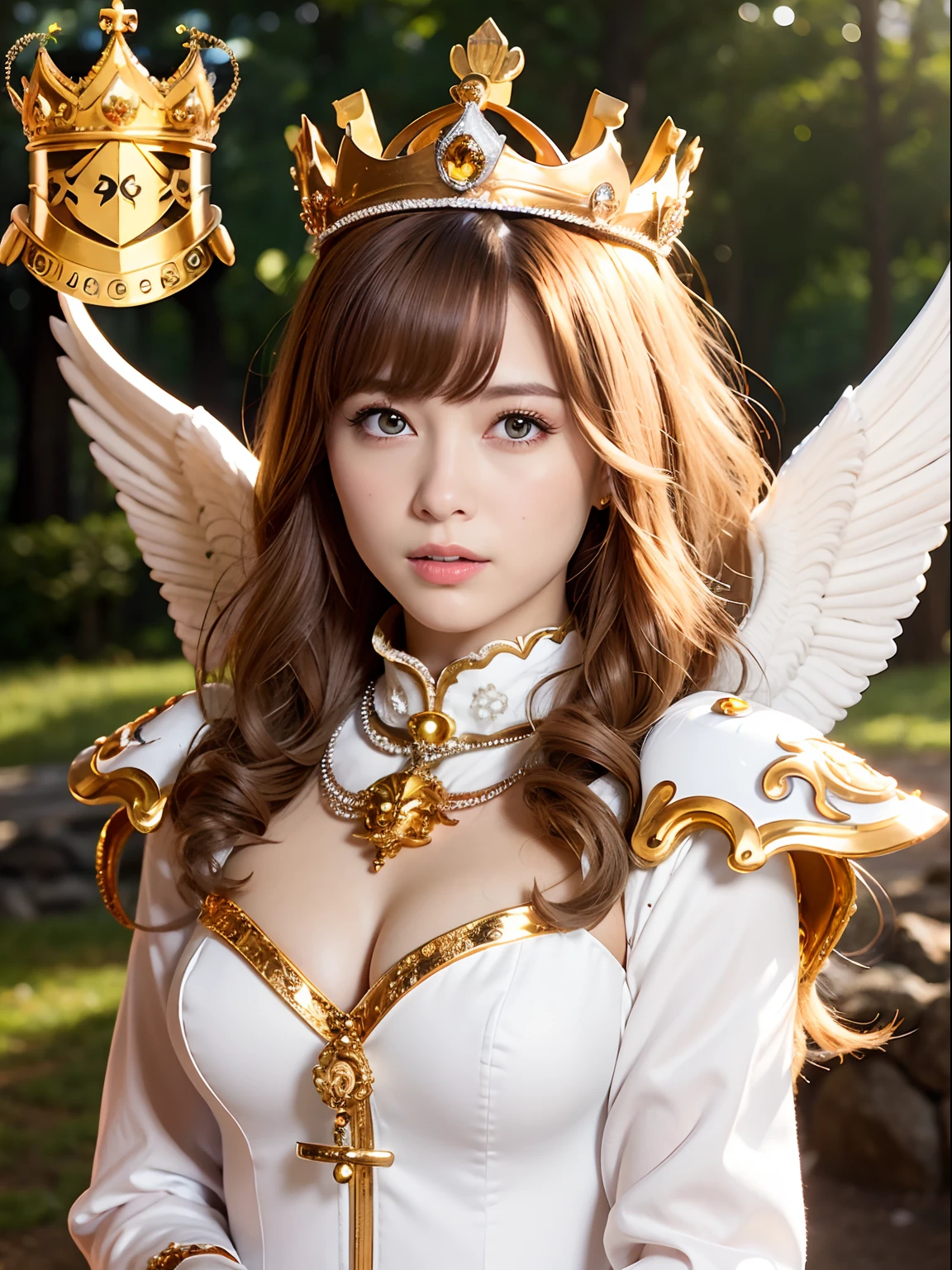 (masutepiece), Professional , masterpiece、top-quality、photos realistic , depth of fields 、(Wind element),tornado,Lightning,(Gemstone Silver Metal Body:1.9),(Matte White、(Gangle's forest background),(Brown hair long straight)、Jewel Gold Weapon、(Castle background),Gorgeous metal weapons,(Detailed and realistic angel white wings) , Detailed Sword of the Brave , Beautiful knife 、delicated face、20 years girl ,warhammer 40k , adepta sororitas,Detail and ornate jewel crown、a blond、(Gangle's forest background)、Beautiful Caucasian beauty、1a person、dynamic ungle,(((Detailed and ornate diamond crown)))、Smaller head、A smile、Powerful poses、Beautiful thin fingers of a woman、cleavage of the breast、