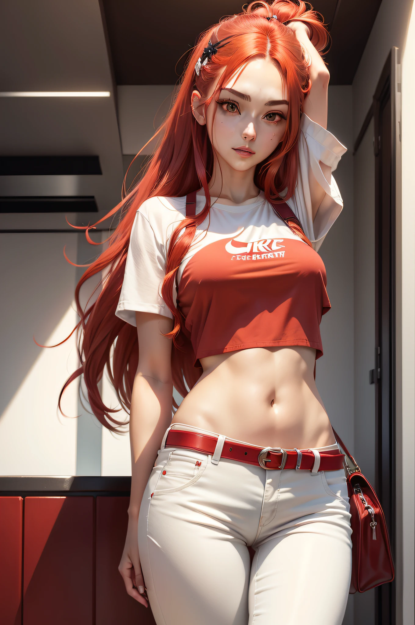 a woman in a white shirt and red pants is playing video game, simple style, wearing elegant casual clothes, muted red, simple clothes, milk and red style, casual clothing style, modern fashion outfit, wearing a fisher , casual modern clothing, inspo, red clothes, red pants, neutral tones, rred and white color scheme, casual business outfit, scary face, nike shoes, 22 years old, adult face, long hair, ((red hair))