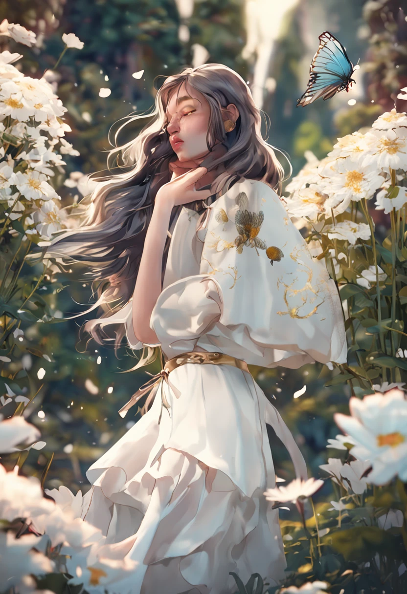 fantasy girl, with daisy flower, gold fish, white dress, long hair, black eyes, white glasses