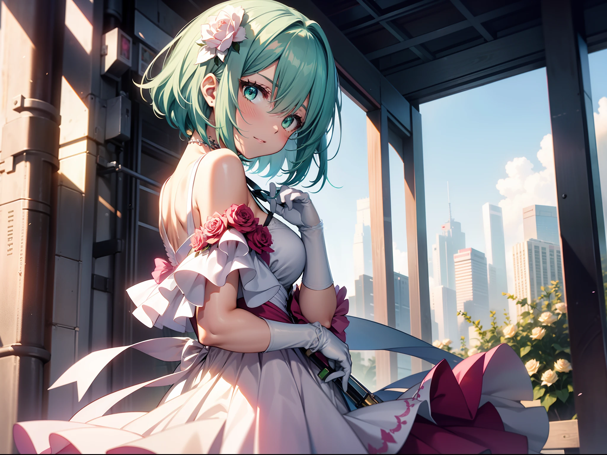 1girl, aqua_hair, bangs, bare_shoulders, blush, bow, clothes_grab, clothes_lift, dress, dress_lift, eyebrows_visible_through_hair, flower, gloves, green_eyes, green_hair, hair_flower, hair_ornament, lifted_by_self, looking_at_viewer, looking_back, pink_flower, pink_rose, rose, short_hair, skirt_hold, solo, white_dress, white_gloves