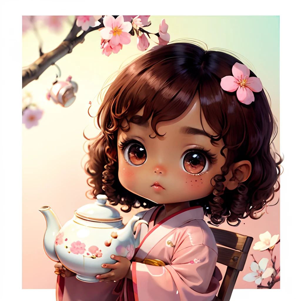 Cute brown skinned  chibi anime, with freckles,white and pink kimono, drink tea, curly black hair, in a frame, in a teapot, cherry blossom