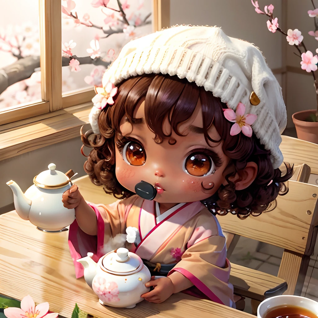 Cute brown skinned chibi anime, with freckles,white and pink kimono, drink tea, curly black hair, in a frame, in a teapot, cherry blossom